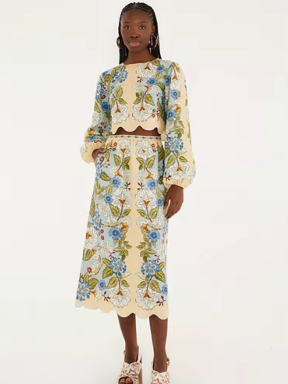 FARM Rio Blue, Cream & Green Floral Maxi Skirt